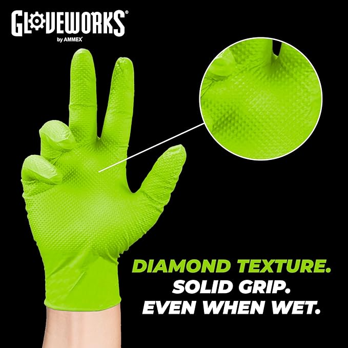GLOVEWORKS HD Green Gloves, 8 Mil Nitrile Disposable Heavy Duty Raised Diamond - Image 4