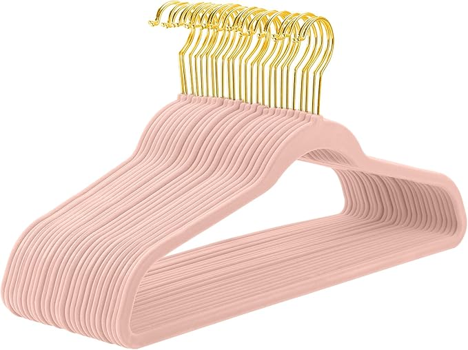 MIZGI Blush Pink Velvet Hangers 60 Pack, Premium Gold Clothes Non-Slip Felt by MIZGI