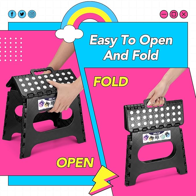 Delxo Folding Step Stool,11 Inch Non-Slip Foldable Step Stools for Kids and Adults,Portable Foldable Step Stool Lightweight Small Folding Stool with Handle for Kitchen Bathroom in Black,1 Pack - Image 7