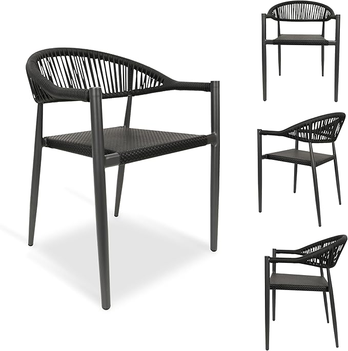 4 Pcs Stackable Patio Dining Chairs, Aluminum Rattan Outdoor Dining Chair with Arms, Woven Rope Garden Armchair Metal No Assembly for Bistro Balcony Porch Deck Yard Cafe Restaurant, Black by Erotr