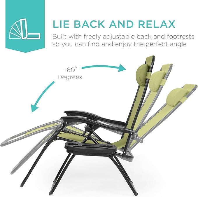 Best Choice Products Set of 2 Adjustable Steel Mesh Zero Gravity Lounge Chair Recliners w/Pillows and Cup Holder Trays - Dusty Green/Black - Image 3