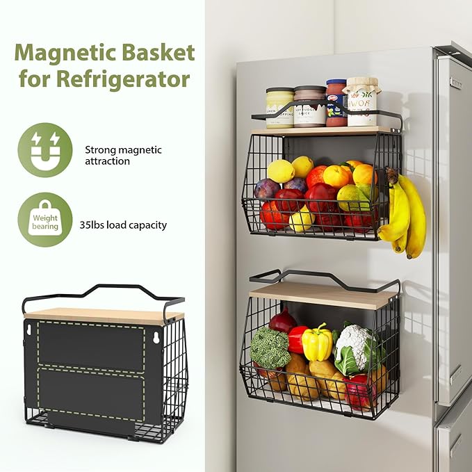 Magnetic Shelf for Fridge with Wood Lid, 2 Tier Fruit Baskets Wall Mounted - Image 2