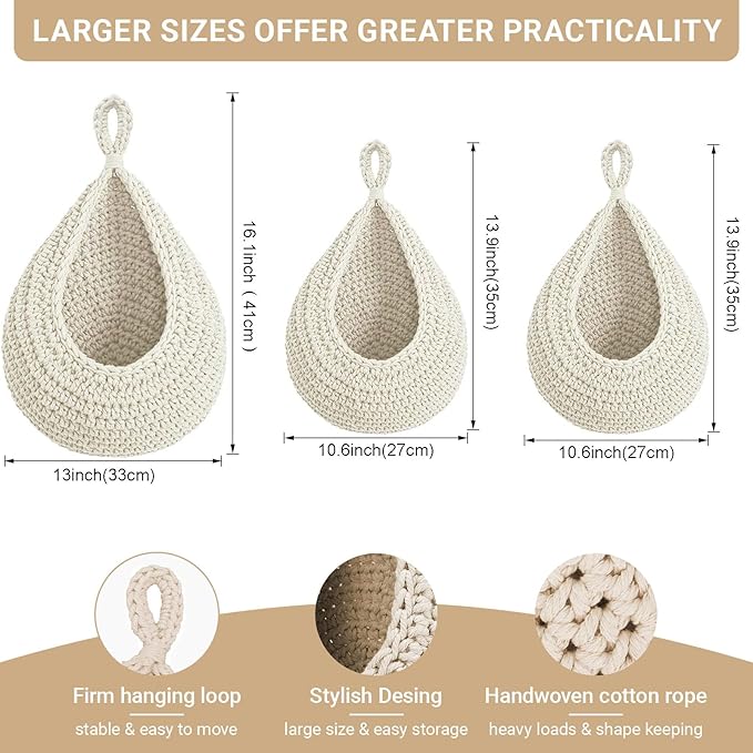 Hanging Fruit Baskets for Kitchen, 3 Pack Boho Cotton Rope Handwoven Vegetable - Image 2