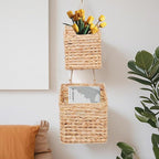 2-Tier Wall Hanging Wicker Water Hyacinth storage baskets Set, Woven Rustic - Image 3