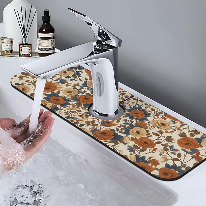 Faucet Draining Mat For Kitchen Sink, Peony Flower Blue Leaves Diatom Mud - Image 7
