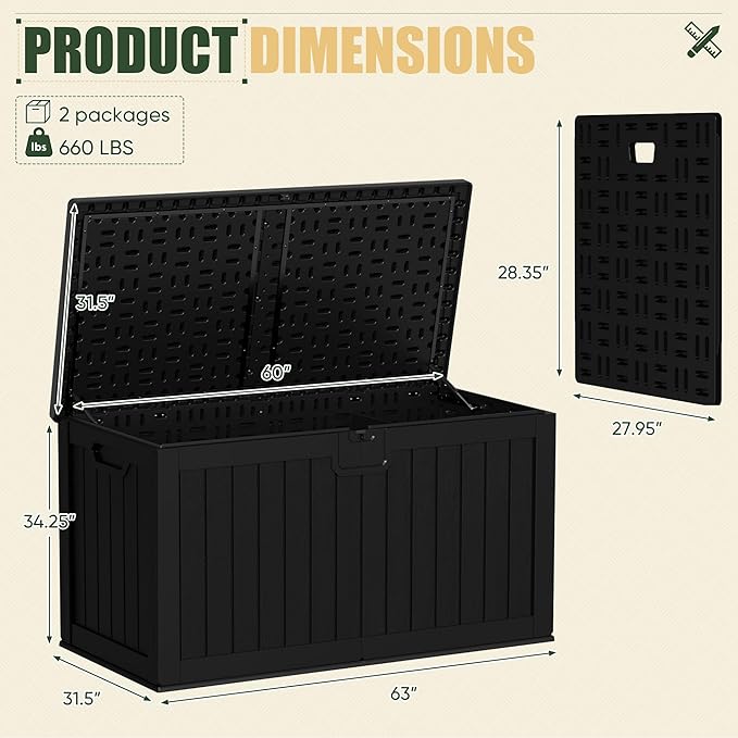 JUMMICO 250 Gallon Outdoor Resin Deck Box with Divider, Waterproof Storage Box with Lockable Lid&Side Handles for Garden Tools, Pools Supplies (Black) - Image 5