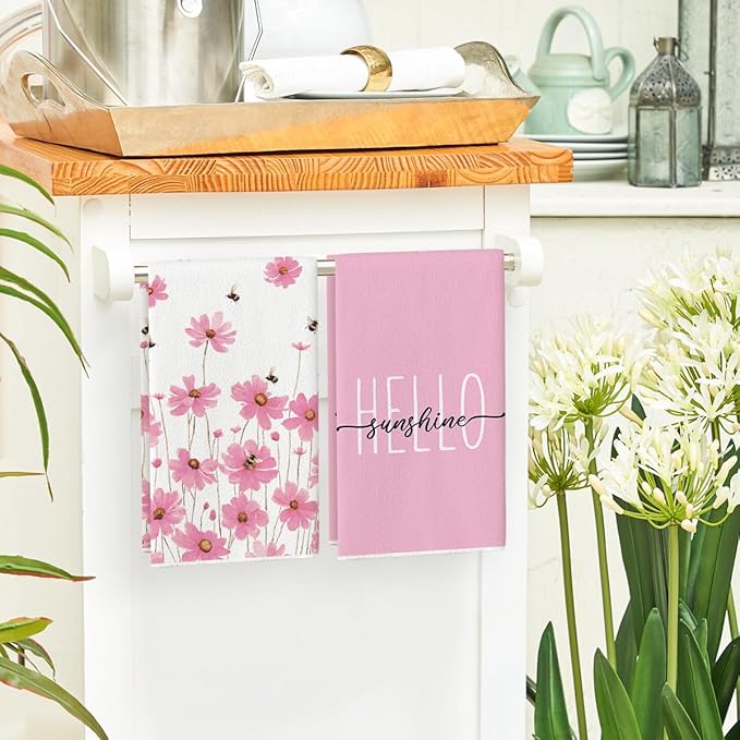 Artoid Mode Pink Flowers Bee Hello Sunshine Spring Kitchen Towels Dish Towels - Image 4