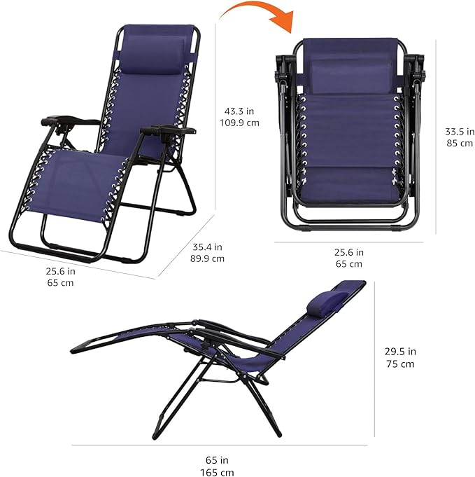 Amazon Basics Outdoor Patio Zero Gravity Lounge Chair with Pillow, Folding Reclining and Textilene Adjustable, Folding Lounge Lawn Chairs for Outside, 26", Blue - Image 3