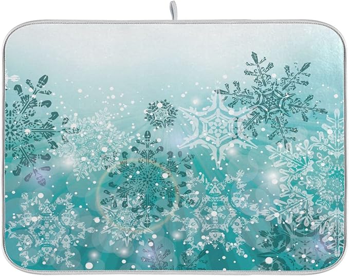 ALAZA Silver Winter Teal Turquoise Snowflakes Christmas Dish Drying Mat by ALAZA