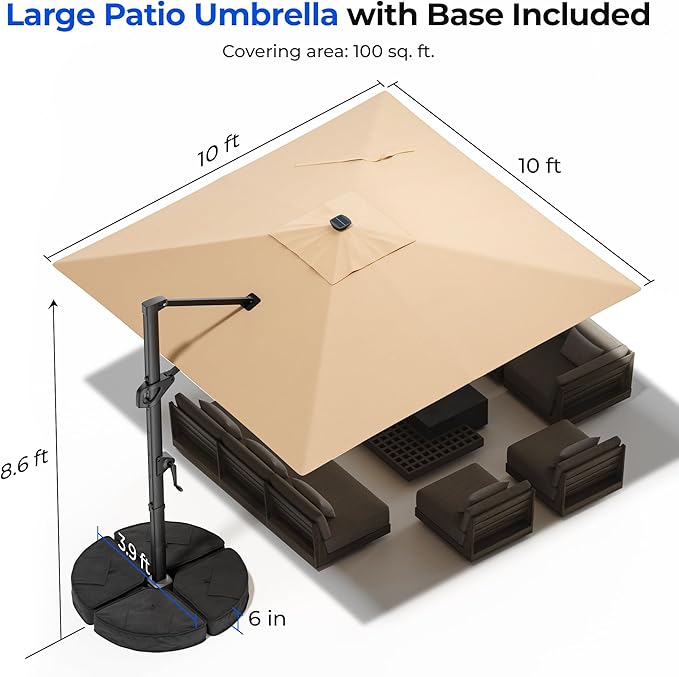 HOMSHADE 10 ft Square Cantilever Patio Umbrella with Base Included, Solar Lights Large Umbrella Outdoor Patio with 360°Rotation&Tilting, LED Lighted Offset Umbrellas w/Stand for Pool Deck - Image 3