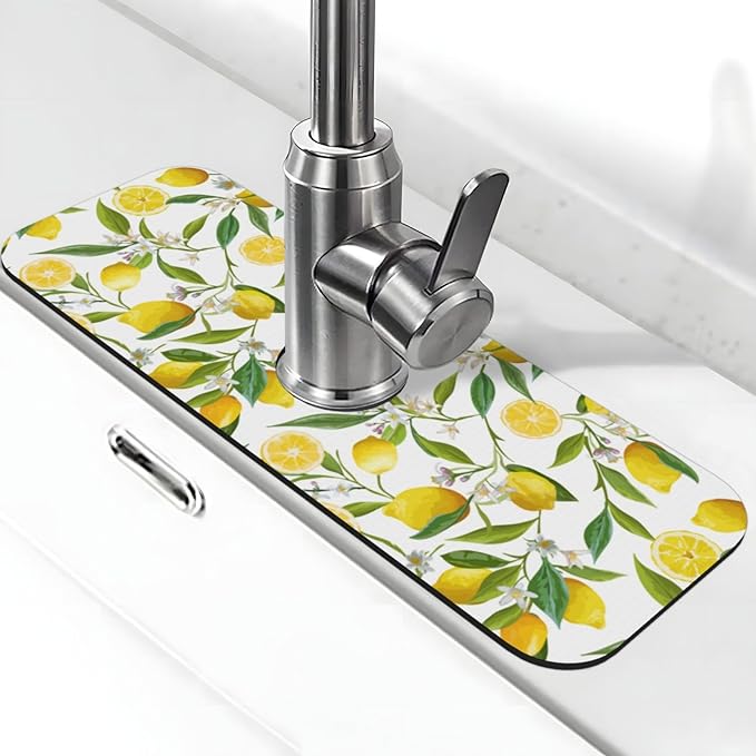 Yellow Lemon Teal Kitchen Sink Splash Guard Faucet Mat 1 Pcs, Absorbent Fast by WILL+BUDXEG