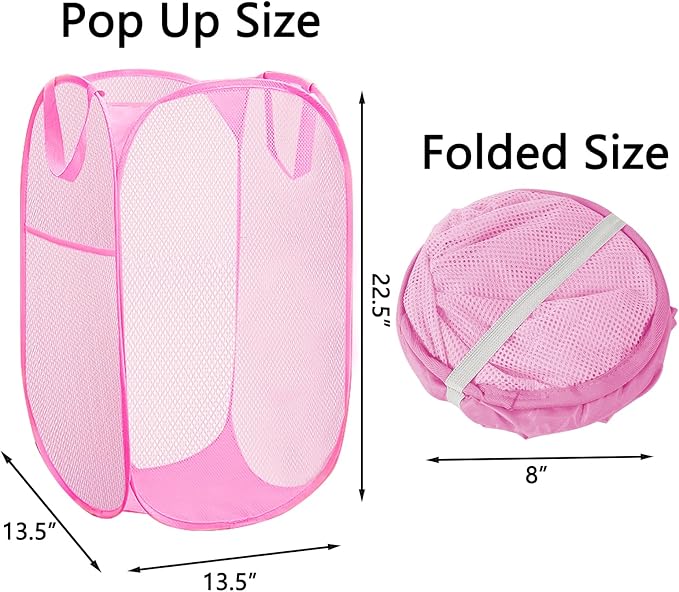 Portable Mesh Pop Up Laundry Hamper Pink Vertical Collapsible Laundry Basket - Image 2