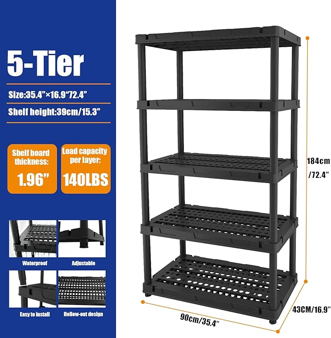 Plastic Storage Shelves, Plastic Heavy Duty Shelves 16.93" D x 35.43" W x 72.44" H,5-Tier Garage Storage Shelving, Shelving Units and Storage - Image 3
