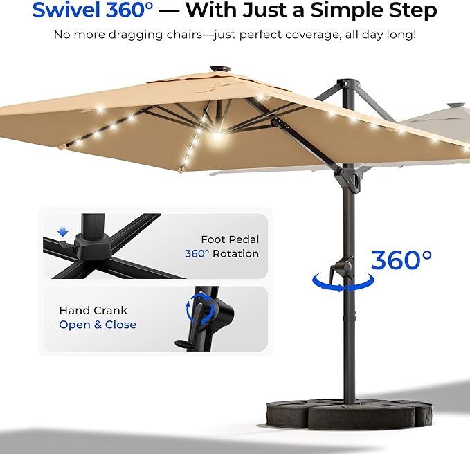 HOMSHADE 10 ft Square Cantilever Patio Umbrella with Base Included, Solar Lights Large Umbrella Outdoor Patio with 360°Rotation&Tilting, LED Lighted Offset Umbrellas w/Stand for Pool Deck - Image 5