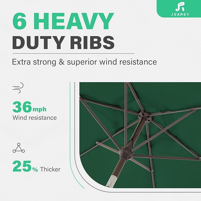 JEAREY 7.5FT Patio Umbrella Outdoor Market Umbrella with 6 Sturdy Ribs, Push Button Tilt/Crank Table Umbrella for Garden, Deck, Backyard and Pool, Dark Green - Image 5