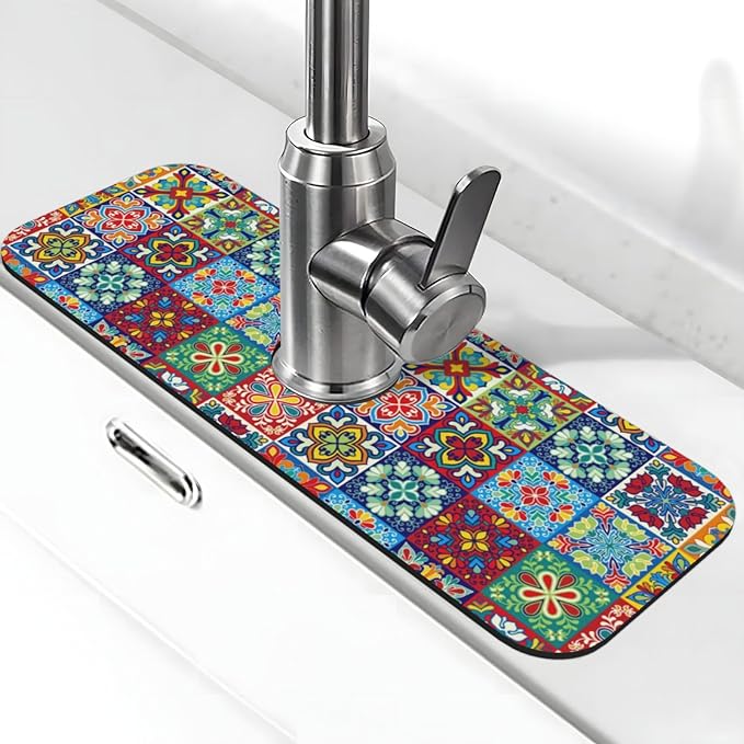 Talavera Mexican Ceramic Tiles Boho Kitchen Sink Splash Guard Faucet Mat 1 Pcs by WILL+BUDXEG