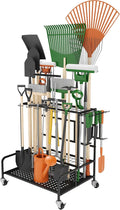 Garden Tool Organizer Rack with Wheels Up to 39 Tools, Heavy-Duty Steel Yard Tool Organizer for Garage Storage with 12 Hooks, Broom Holder & Garden Tool Rack for Shed, Patio, Outdoor Use, Black by Sttoraboks