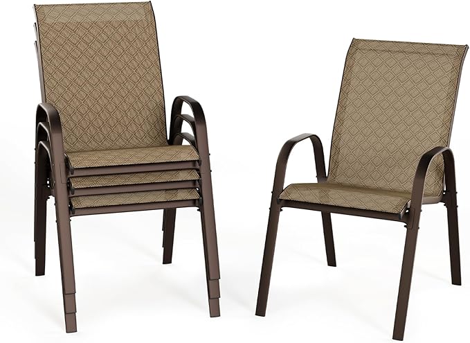 SWITTE Patio Chairs Set of 4 with Armrests, Outdoor Stackable Dining Chairs with Breathable Backrest and Metal Frame for Lawn, Garden, Deck, Poolside, Beige by SWITTE