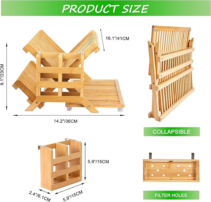 Bamboo Dish Drying Rack with Utensil Holder, Collapsible Wooden Dish Drainer - Image 5