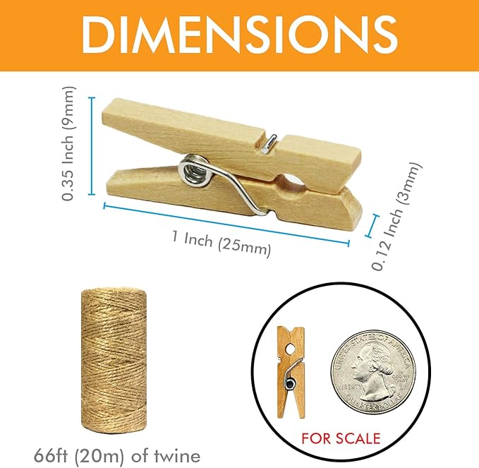 Mini Wooden Clothespins With Jute Twine, 1 Inch Photo Paper Peg Pin Craft Clips - Image 3