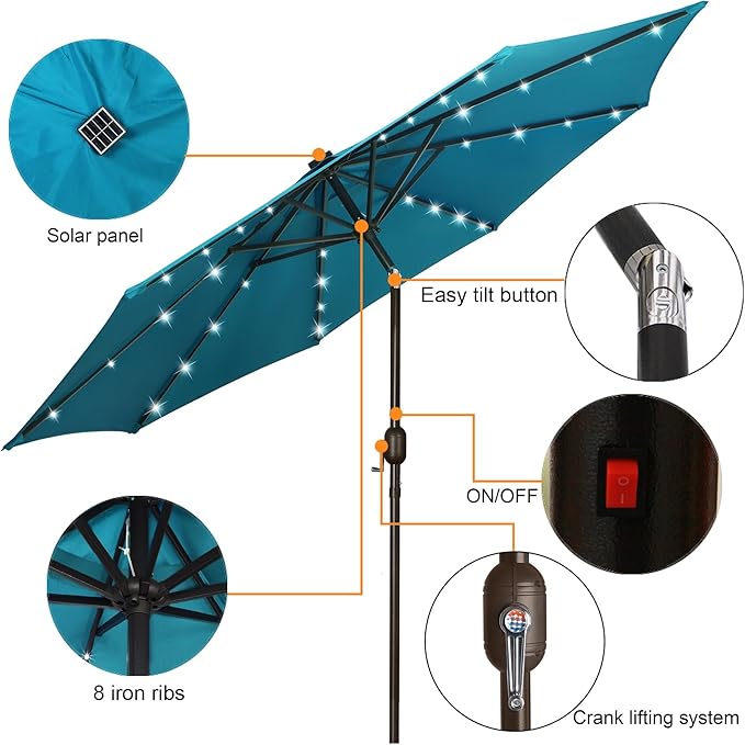 Blissun 9 ft Solar Umbrella 32 LED Lighted Patio Umbrella Table Market Umbrella with Tilt and Crank Outdoor Umbrella for Garden, Deck, Backyard, Pool and Beach (Cerulean) - Image 3
