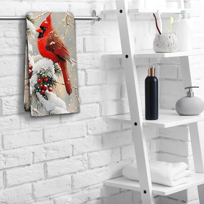 Red Birds Hand Towels Decorative Berry Branch Winter Kitchen Towels Soft - Image 5