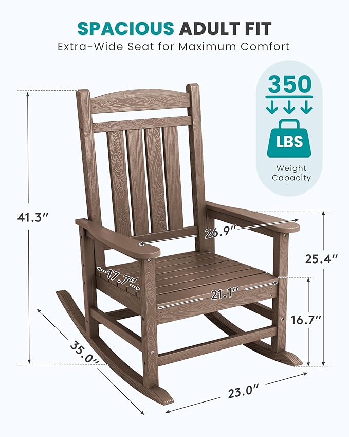 SERWALL HDPE Outdoor Rocking Chair for Adults, Heavy Duty Patio Rocking Chair, All-Weather Oversized Porch Rocker, Brown - Image 3