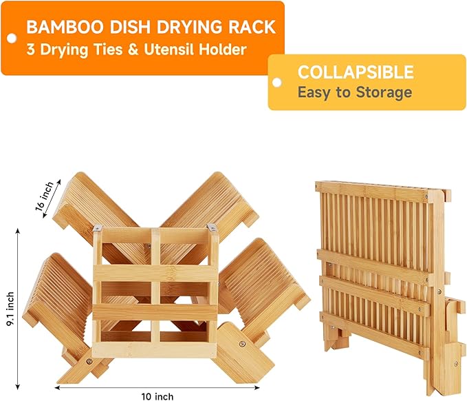 Bamboo Dish Drying Rack, 3-Tier Collapsible Wooden Dish Rack - Image 4