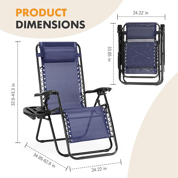 NEWBULIG Zero Gravity Chair Set of 4, Lounge Chair Folding Portable Adjustable Camping Reclining Chairs with Adjustable Pollow, Mesh Back, Cup Holder Trays Lawn Patio Chair for Pool Beach - Blue - Image 7