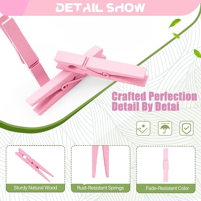 Pink Clothes Pins Wooden 100 Pack, Colored Clothespins - Image 2