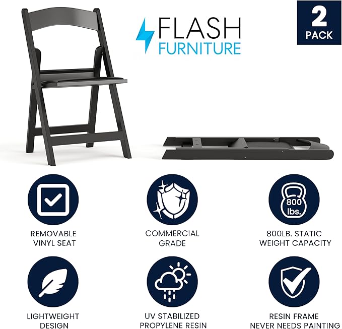 Flash Furniture Hercules Series Folding Chair - Black Resin - 2 Pack 800LB Weight Capacity Comfortable Event Chair - Light Weight Folding Chair - Image 3