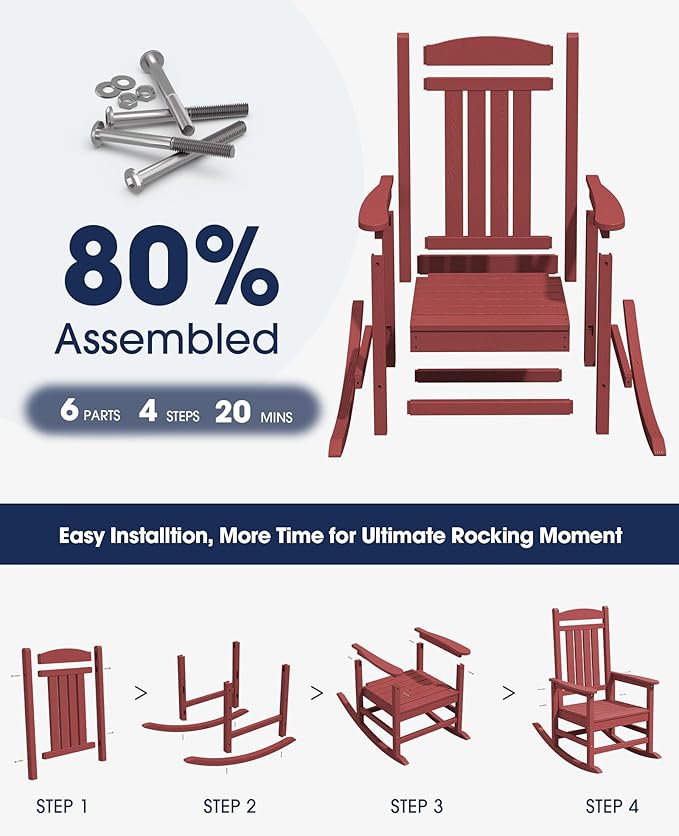 KINGYES Outdoor Rocking Chair Set of 2, High Density Polyethylene Patio Rocking Chairs with 330lbs Support for Adults, Dark Red - Image 4