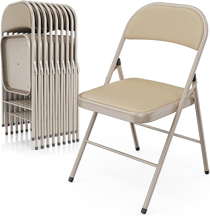 VINGLI 10 Pack Folding Chairs with Padded Seats, Metal Frame with Pu Leather Seat & Back, Capacity 350 lbs, Set of 10, Khaki by VINGLI