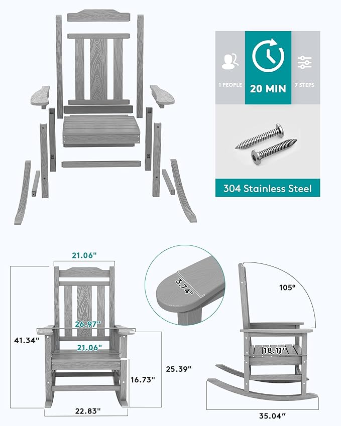 SERWALL Oversized Rocking Chair Set of 4 Outdoor, HDPE Outdoor Rocking Chair Set of 4, Space Gray - Image 3