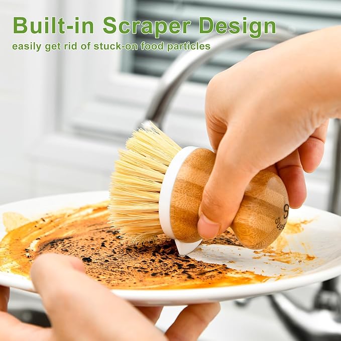 SUBEKYU Bamboo Dish Brush, Kitchen Dish Scrubber Brush, Natural Wooden - Image 3