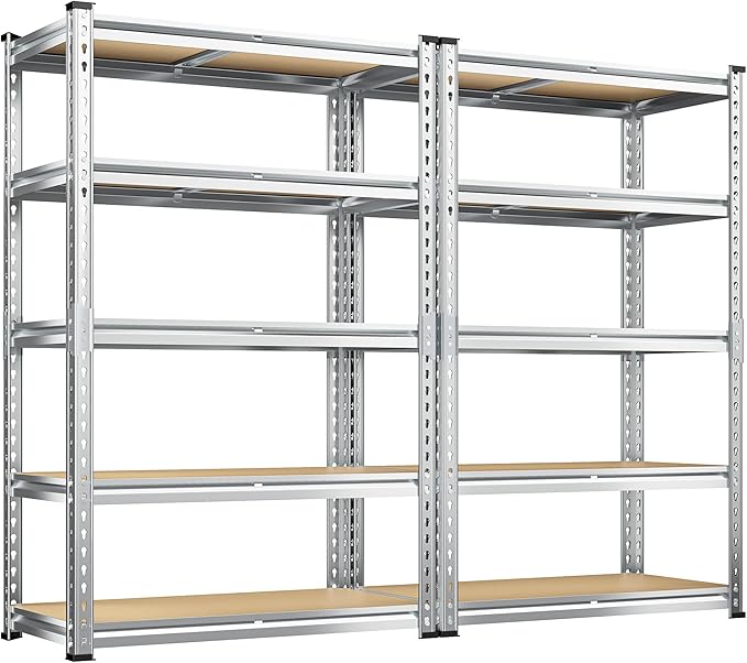 REIBII Garage Shelving, 5 Tier Storage Shelves Load 2400LBS, Adjustable Garage Shelving Heavy Duty, Metal Shelves Unit with Waterproof Columns, 35.5" W x 11.9" D x 72" H, Galvanized, 2 Pack by REIBII