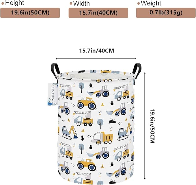 Round Foldable Laundry Hamper Kids Forest Vehicles Excavator Boys Gift Basket - Image 2
