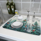 Pine Tree Dish Drying Mat for Kitchen Countertop Red Bird Dishes Mats Winter - Image 6