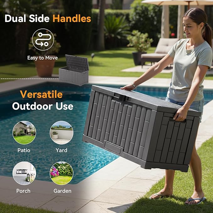 NEWBULIG 60 Gallon Deck Box, Waterproof Outdoor Storage Box with Lockable Lid, Patio Furniture Bench & Side Table, Outside Storage Container, Tool-Free Assembly, for Garden, Pool, Grey - Image 5