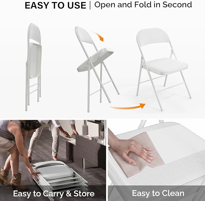 VINGLI 8 Pack Folding Chairs with Padded Seats, Metal Frame with Pu Leather Seat & Back, Capacity 350 lbs, White - Image 8
