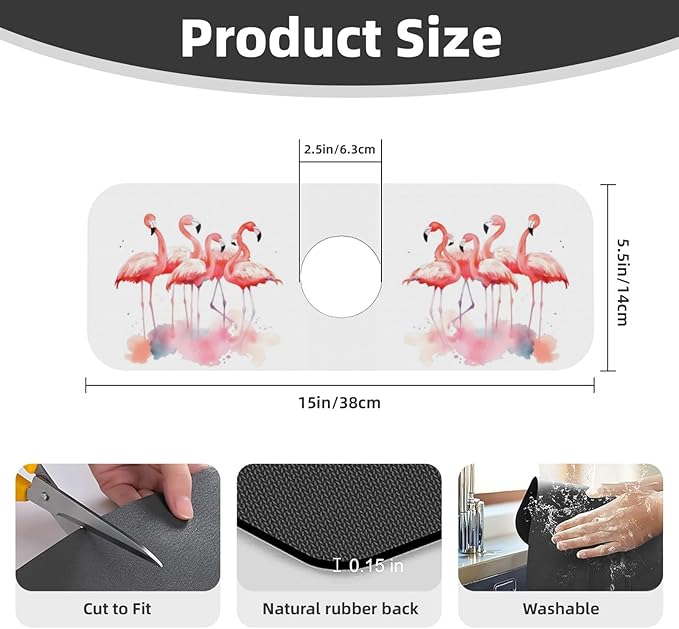 Kitchen Sink Splash Guard Faucet Mat Pink Flamingos Watercolor 15"x5.5" - Image 2