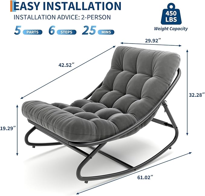 IDEALHOUSE Outdoor Rocking Chair with Metal Frame, Adjustable Papasan Rocker, Waterproof Comfy Cushion, 450lbs Capacity, for Patio, Porch, Garden, Living Room, Dark Grey - Image 2