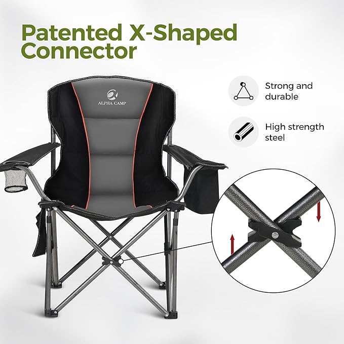ALPHA CAMP Heavy Duty Camping Chair 500LBS Capacity, Oversized Folding Chair for Heavy People, Padded Portable Outdoor Chair with Cooler Bag & Cup Holder for Camping, Fishing, Beach - Image 8