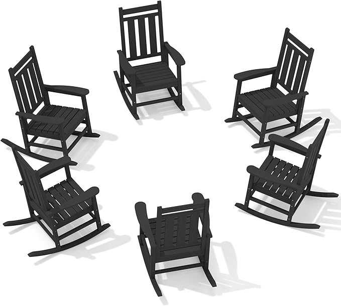 KINGYES Oversized Outdoor Rocking Chair Set of 6, All-Weather Patio Rocking Chairs for Porch, HDPE Outdoor Patio Rockers with High Back & Wide Seat for Garden, Lawn, Black by KINGYES