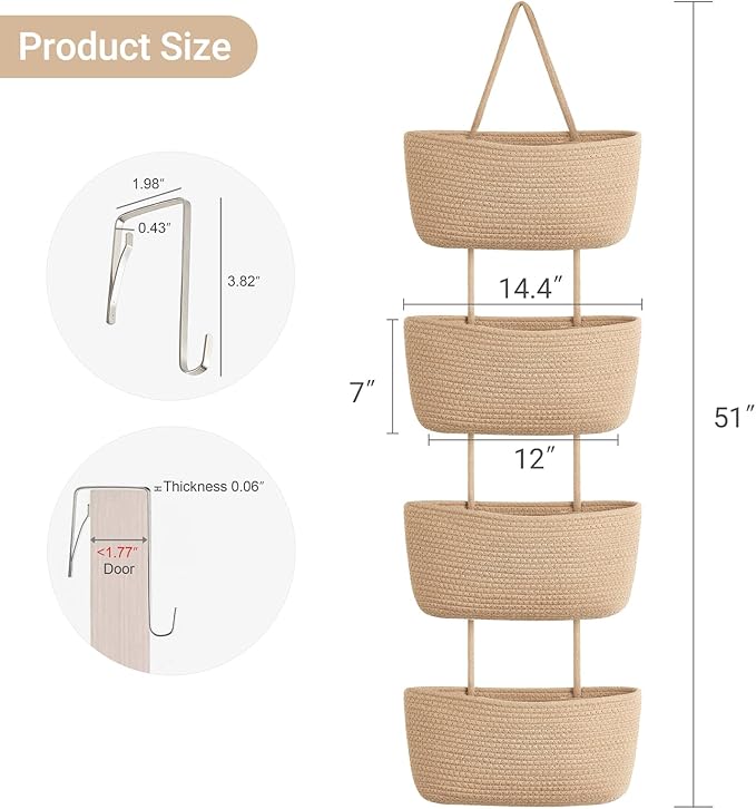 Dahey Over The Door Hanging Basket 4-Tier Woven Boho Wall Mounted Storage - Image 2