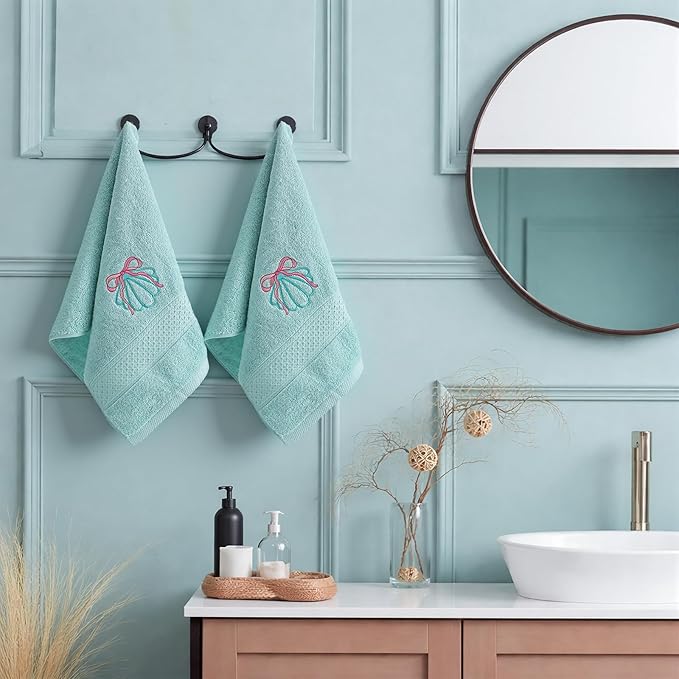 2 Pcs Shell Hand Towels Mint Blue Bathroom Decor 14x29 Inch Embroidered 100% - Image 5