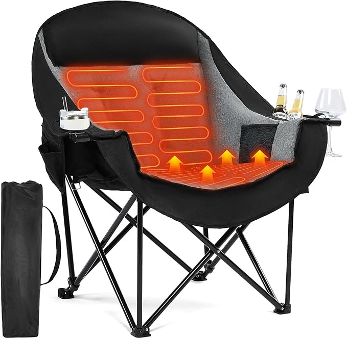 Heated Oversized Camping Chair - Heavy Duty Padded Folding Camping Chairs for Adults with Cooling Bag, Side Pocket, Cup Holder and Carry Bag for Outdoor Sports Lawn Fishing Garden Portable by PUVASIA