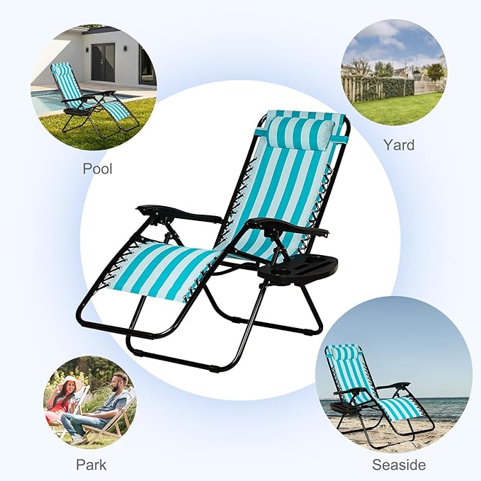 Nazhura Set of 2 Relaxing Recliners Patio Chairs Adjustable Steel Mesh Zero Gravity Lounge Chair Beach Chairs with Pillow and Cup Holder (Light Blue Stripe) - Image 8