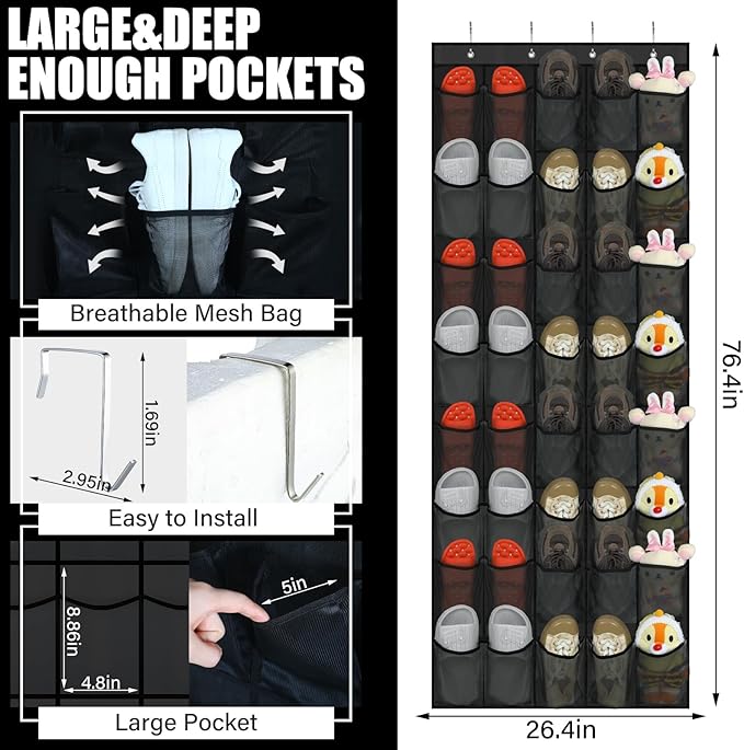 Windyun 40 Over the Door Shoe Organizer Large Breathable Mesh Pockets Hanging - Image 3