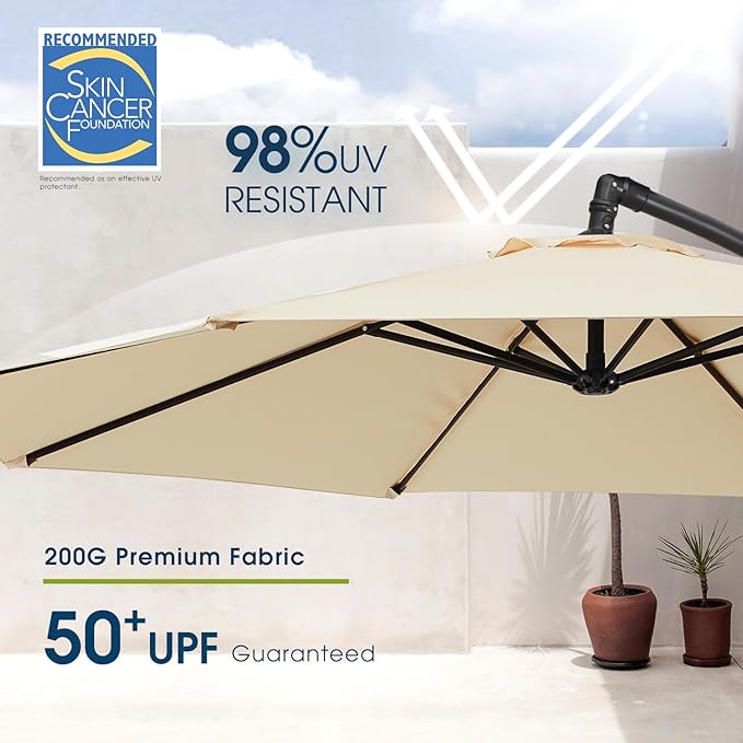 wikiwiki 10ft Patio Umbrella with Base Included, Outdoor Offset Cantilever Umbrella with Sandbag Base for Backyard, Garden and Pool, Easy to Tilt and Crank, Beige - Image 3